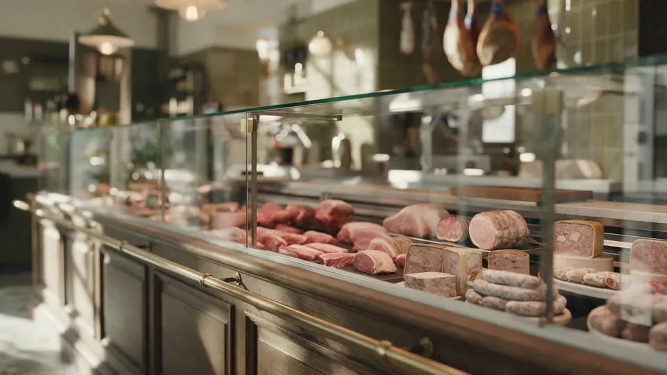 Vitrine réfrigérée de boucherie-charcuterie en bois et laiton garnie de terrines, rôtis et saucisses, jambons suspendus en arrière-plan