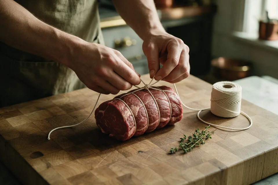 Mains d'un boucher ficelant un rôti de bœuf avec de la ficelle de cuisine sur un billot en bois