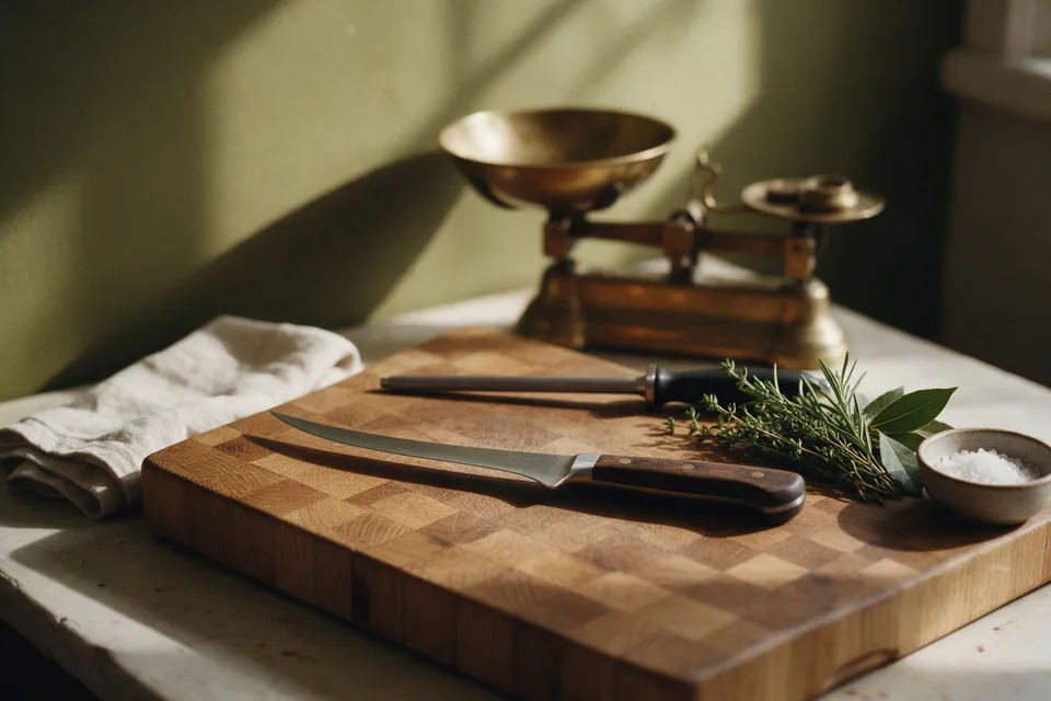 Nature morte : billot en chêne, couteau à désosser, fusil à aiguiser, herbes fraîches, sel et balance ancienne en laiton