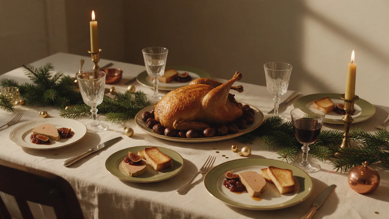 Table de fête dressée : volaille rôtie aux marrons, foie gras et brioche toastée, bougies, verres en cristal et branches de sapin