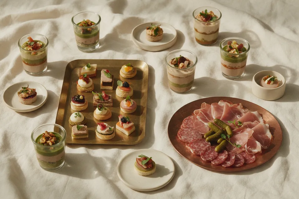 Vue de dessus d'une sélection traiteur : verrines salées, petits fours sur plateau en laiton et assiette de charcuterie fine