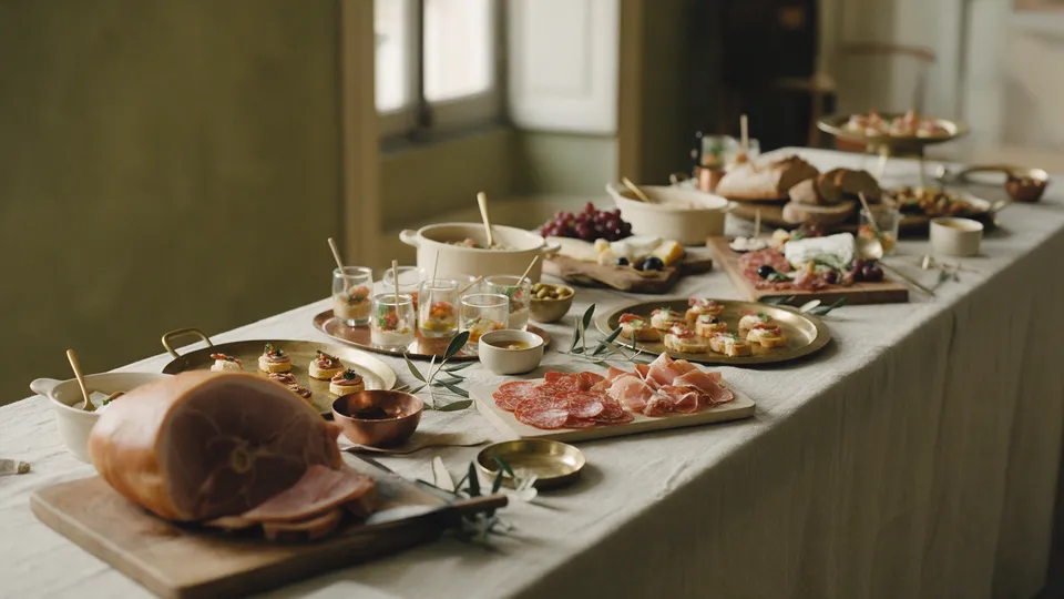 Buffet traiteur sur nappe en lin : jambon à l’os sur planche, assiette de charcuterie, verrines, bouchées sur plateaux en laiton et fromages
