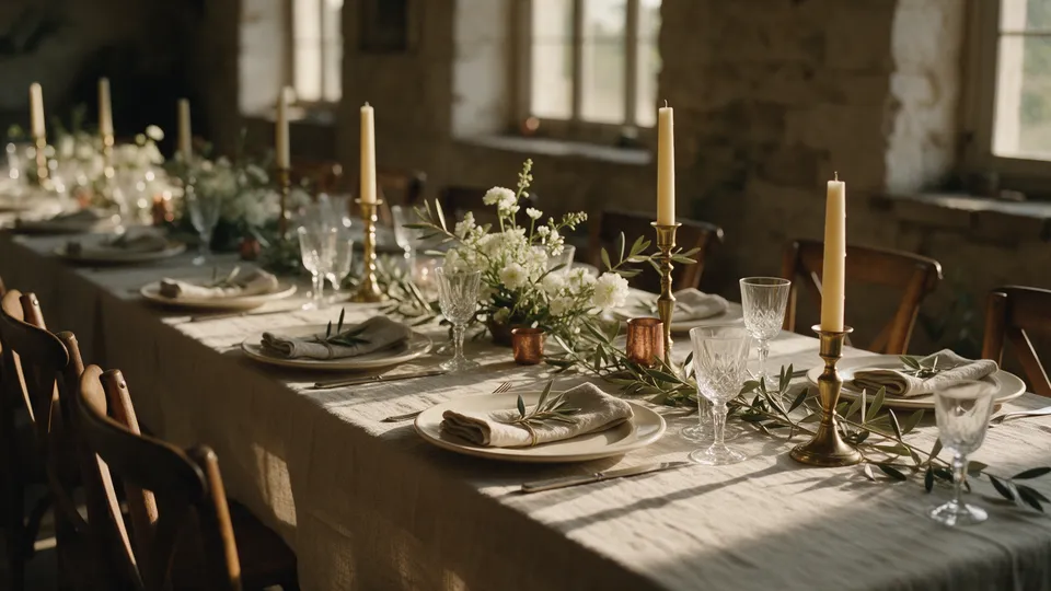 Longue table de réception de mariage dressée sur nappe en lin : assiettes crème, serviettes nouées d’olivier, verres en cristal, bougeoirs en laiton et fleurs blanches