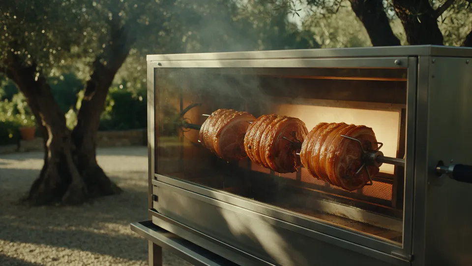 Pièces de porc dorées tournant à la broche dans une rôtissoire vitrée installée en extérieur, sous les arbres