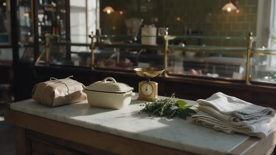 Comptoir de boutique en marbre et bois : paquet en papier kraft ficelé, terrine émaillée, balance en laiton, bouquet d’herbes et torchons en lin, vitrine en arrière-plan